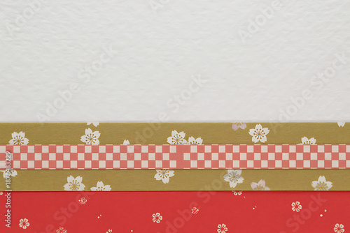 Elegant Japanese Washi Paper Background with Red and Gold Cherry Blossom Patterns and Checkered Ribbon Detail, Cultural Design