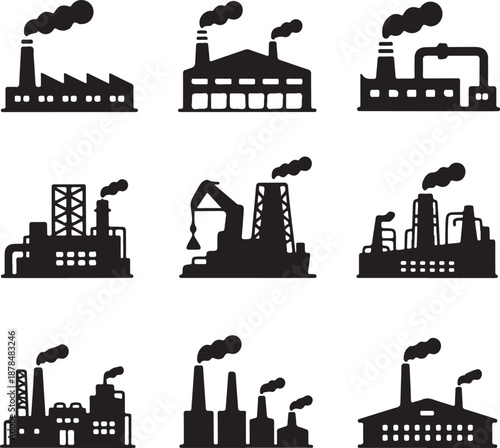 black silhouettes of industrial buildings and factories with smokestacks and smoke
