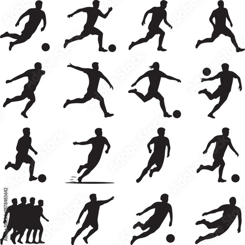 Black silhouettes of soccer players in various poses on white background