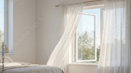 Bright bedroom with white curtains flowing in natural daylight  