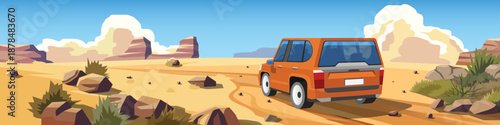 Vector illustration of an orange SUV driving on a sandy dirt road through a desert landscape with rock formations under a blue sky. Off-road adventure and travel concept. for banner background.