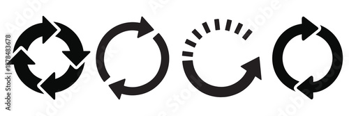 circle arrow silhouette icon set, containing refresh, rotation, reload, Repeat and more, recycle symbol Vector illustration. 