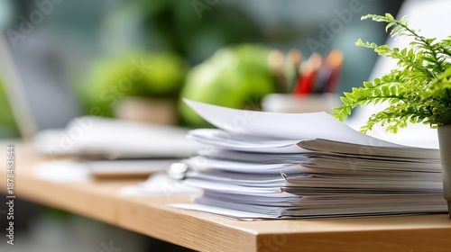 Stack of Papers on Wooden Desk in Office