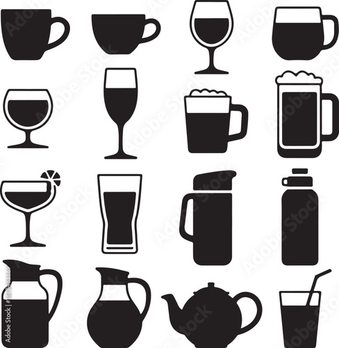Black silhouettes of various drinkware and glasses on white background