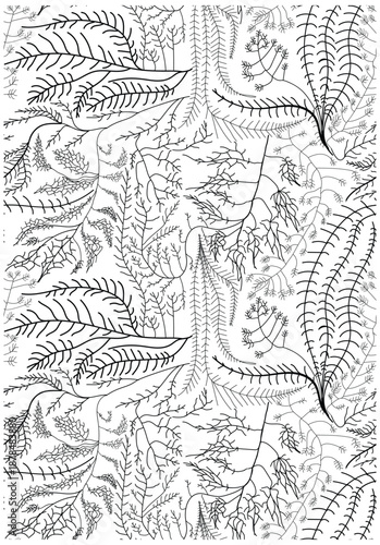 A detailed black and white illustration featuring various leaf and plant patterns intertwined across the entire image.