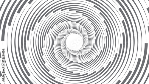 An abstract black and white spiral illustration featuring a 3d circular pattern with swirling vector lines and a wave texture to create a digital maze illusion backdrop