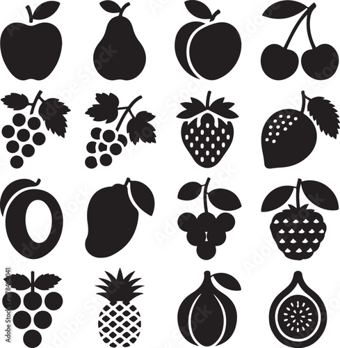 black silhouettes of various fruits on white background