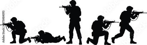 Military soldier silhouettes set, combat poses, armed infantry team aiming rifles, tactical action sequence isolated on white background vector illustration