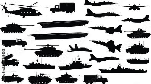 Military vehicle silhouettes collection, tanks, warships, fighter jets, helicopters and trucks, defense force equipment icons isolated on white background