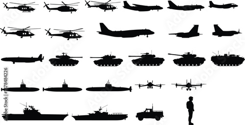 Military vehicle silhouettes set, helicopters, fighter jets, tanks, submarines, warships, drones, trucks, soldier icons isolated on white background collection vector