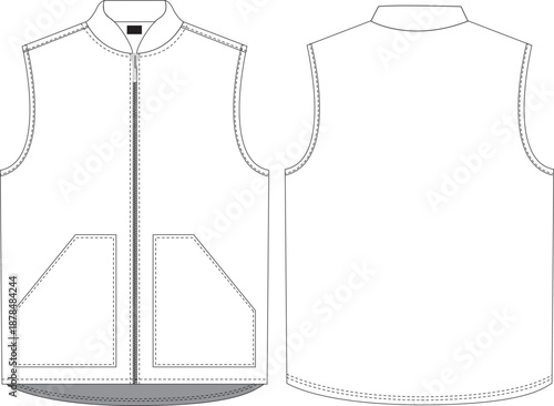 vest flat sketch with front zipper and collar editable mock up