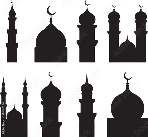 Black silhouettes of various mosque towers and domes with crescent moons on top