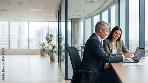 Two professional business people working together. Partners mature man and woman discussing project in office. Team leader explain trainee working process using tablet pc computer. Banner, copy space