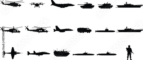 Modern military silhouettes set, helicopters, drones, fighter jets, tanks, submarines, warships and soldier icons isolated on white background