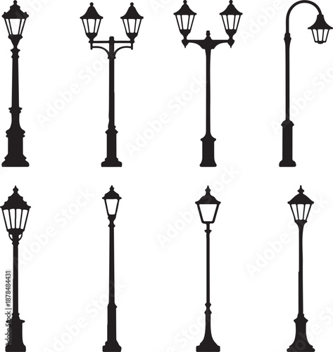 black silhouettes of various street lamps on white background
