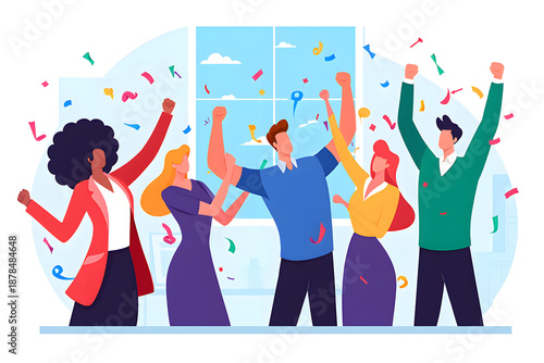 Business team celebrating success with confetti falling in the office.
