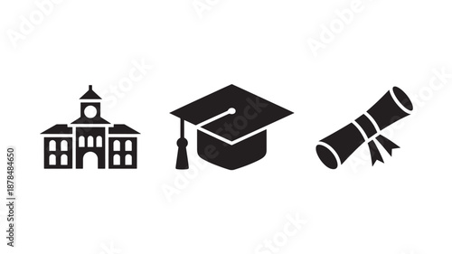 Vector Illustration Of University Building, Graduation Cap And Diploma For Education Concept