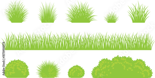 Green grass and bush elements vector set with meadow lawn plants for landscape design and nature illustrations