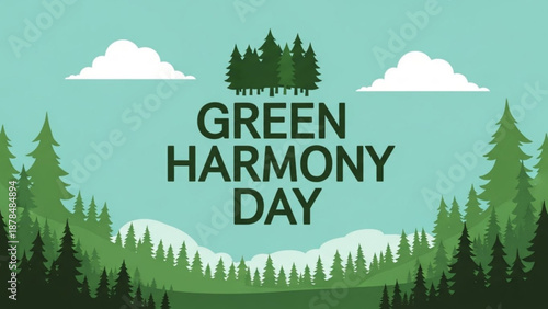 Green harmony day celebration with trees mountains and clouds on a blue background