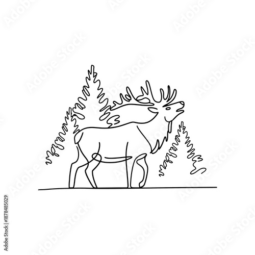 Elk Roaring in Forest Landscape Single Line Drawing Minimalist Art