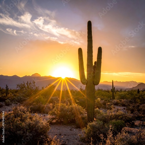 Desert sunset behind a large cactus with bright golden rays
