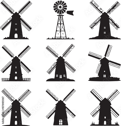 black silhouettes of various windmills on white background