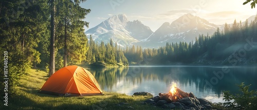 Orange tent set up by a lake with a campfire and mountains in the background during sunset
