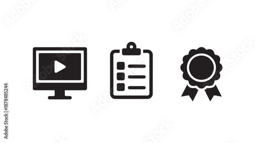Black Vector Icons Of Video Play, Clipboard And Award Ribbon On White Background For Business And Education Concepts