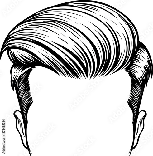 Side part hairstyle illustration, faceless, hand-drawn vector engraving