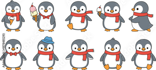 Cute penguin character set vector illustration with winter scarves hats and ice cream for children designs