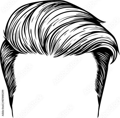 Side part hairstyle illustration, faceless, hand-drawn vector engraving style