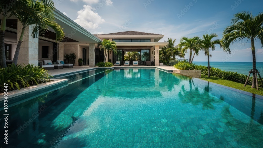 Fototapeta premium Luxurious coastal estate featuring infinity pool, ocean view, and palm trees