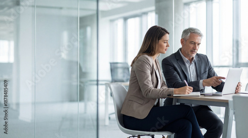 Two professional business people working together. Partners mature man and woman discussing project in office. Team leader explain trainee working process using tablet pc computer. Banner, copy space