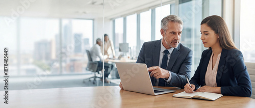 Two professional business people working together. Partners mature man and woman discussing project in office. Team leader explain trainee working process using tablet pc computer. Banner, copy space