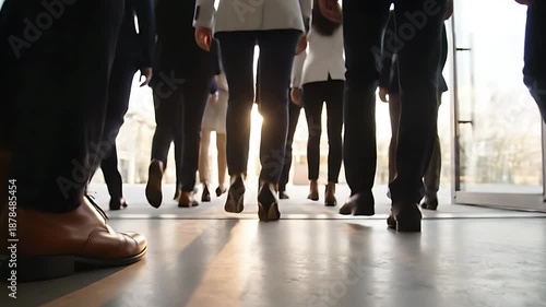 Low Angle View of Business People Walking towards Sunlight at Office Entrance