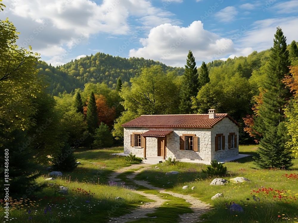 Fototapeta premium Quaint Stone Cottage nestled within a serene forest landscape setting