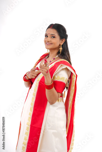 Young women celebrating durga pooja,Bengali Indian women 