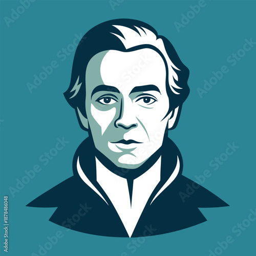 Stylized Historical Portrait of a Statesman or Intellectual in Traditional 18th Century Attire on a Dark Teal Background