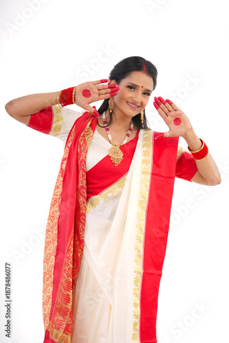 Young women celebrating durga pooja,Bengali Indian women 