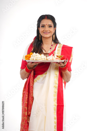 Young women celebrating durga pooja,Bengali Indian women 