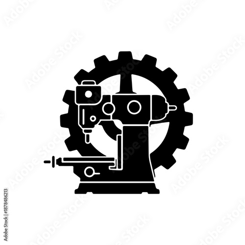 Industrial integration icon featuring a milling machine silhouette inside a large gear. Vector illustration representing mechanical engineering, manufacturing process, heavy industry production system