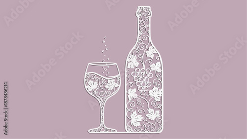 Stencil a wine bottle and a glass with a floral pattern. A decorative element for cutting, printing, and decorating windows.