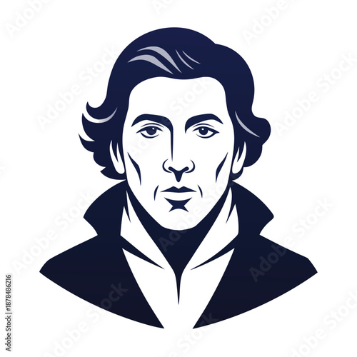 Stylized Portrait Illustration of a Romantic Era Historical Man with Dark Hair and Cravat Representing a Classical Composer or Poet