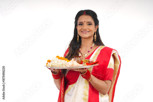 Young women celebrating durga pooja,Bengali Indian women 
