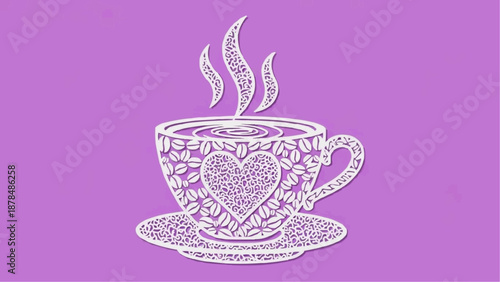 Stencil tea cup with a heart and steam. A decorative element for cutting, printing, and decorating windows.