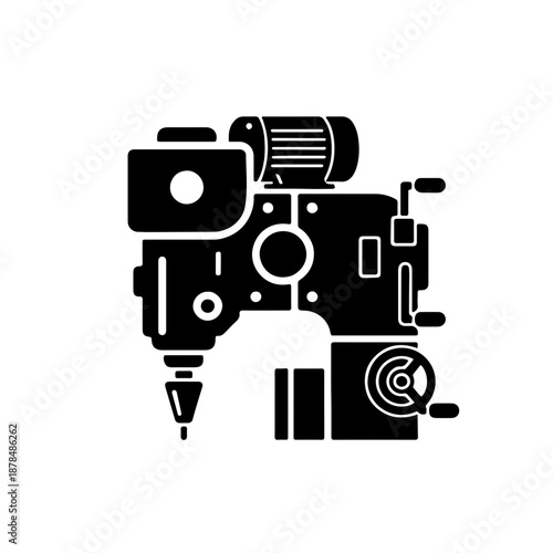 Milling machine spindle head icon. Close-up silhouette of industrial machine head with tool holder and end mill. Vector illustration of mechanical rotation assembly for CNC or manual milling equipment