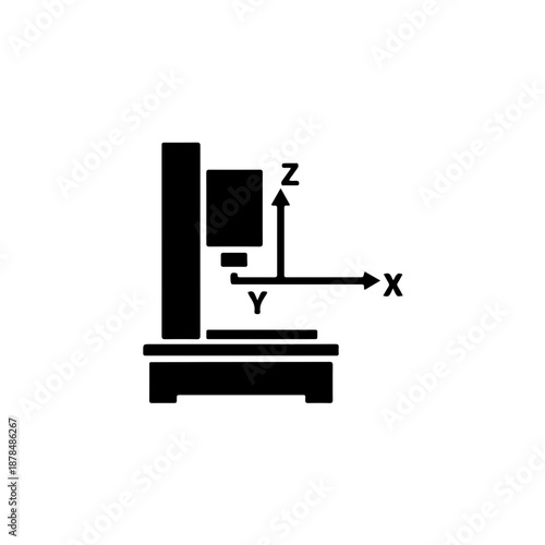 3-axis milling machine coordinate icon. Minimalist CNC machine silhouette with X, Y, and Z axis arrows. Vector illustration representing three-dimensional movement, precision machining, and industrial