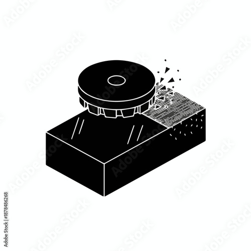 Face milling process perspective icon. Large face mill cutter flattening a metal surface with chips. Vector silhouette illustration of heavy-duty industrial surfacing and high-precision metal finishin