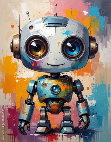 Cute, colorful robot illustration with expressive eyes and a painted background
