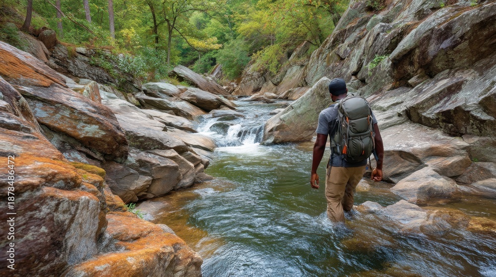 Fototapeta premium Man is walking in a river with a backpack. The water is clear and the rocks are brown